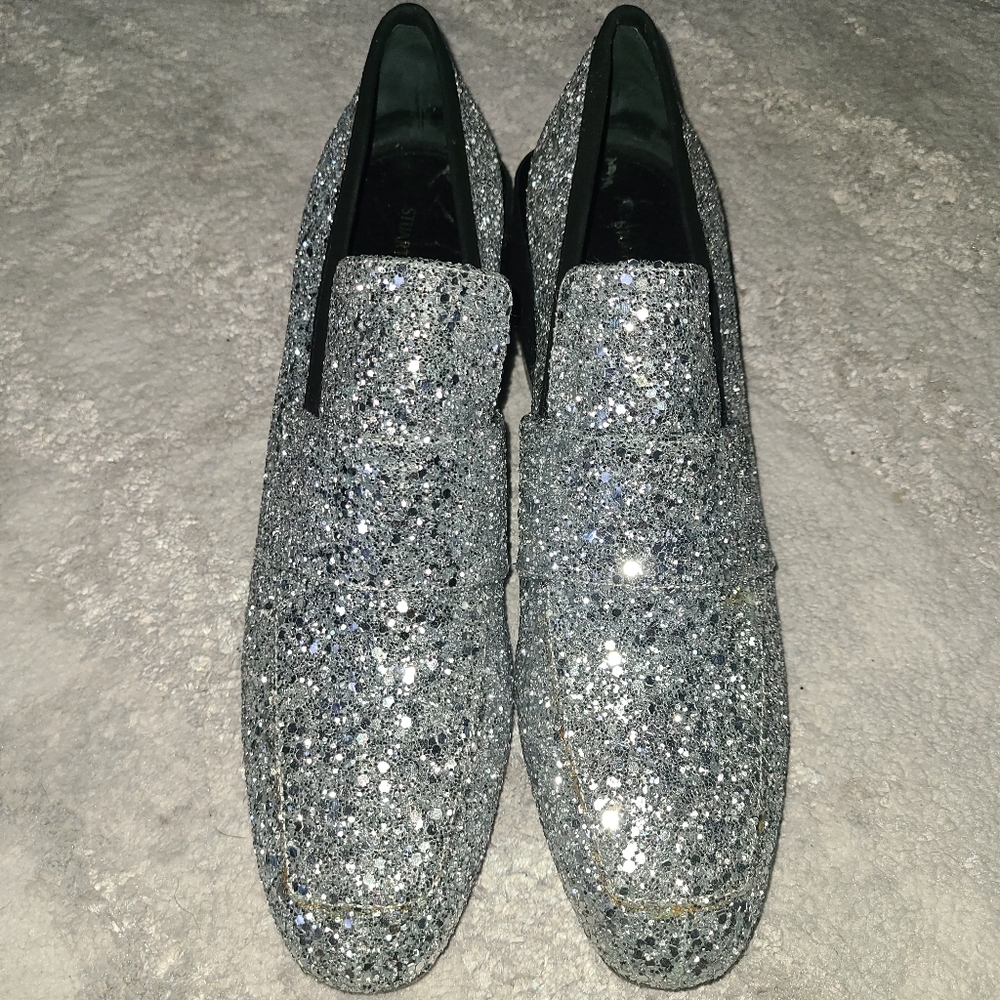 Stuart Weitzman Sawyer Silver Glitter Loafers